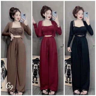 Sét bộ nữ 3 món thun tăm lạnh, áo có mút ngực kèm khoác phối qquầ xuông