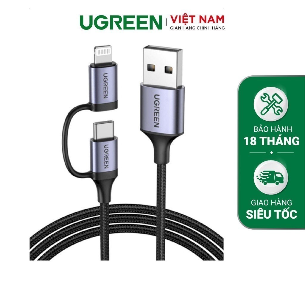 Cáp sạc 2 trong 1 đầu type C và iphone dài 1M 3A màu đen Ugreen US513 50792 Hàng phân phối chính hãng- Bảo hành 18 tháng