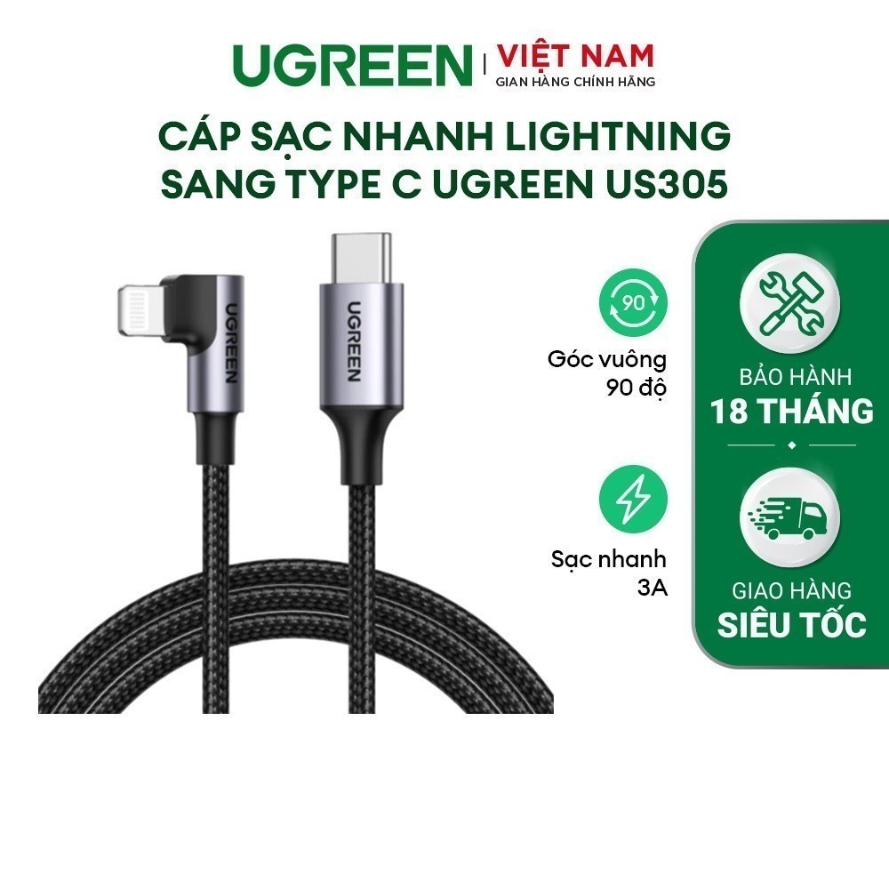 Cáp sạc nhanh Lightning sang Type C  UGREEN US305 |Góc vuông 90 độ | Chứng nhận MFi | BH 18 Tháng 1 Đổi 1| 60765.