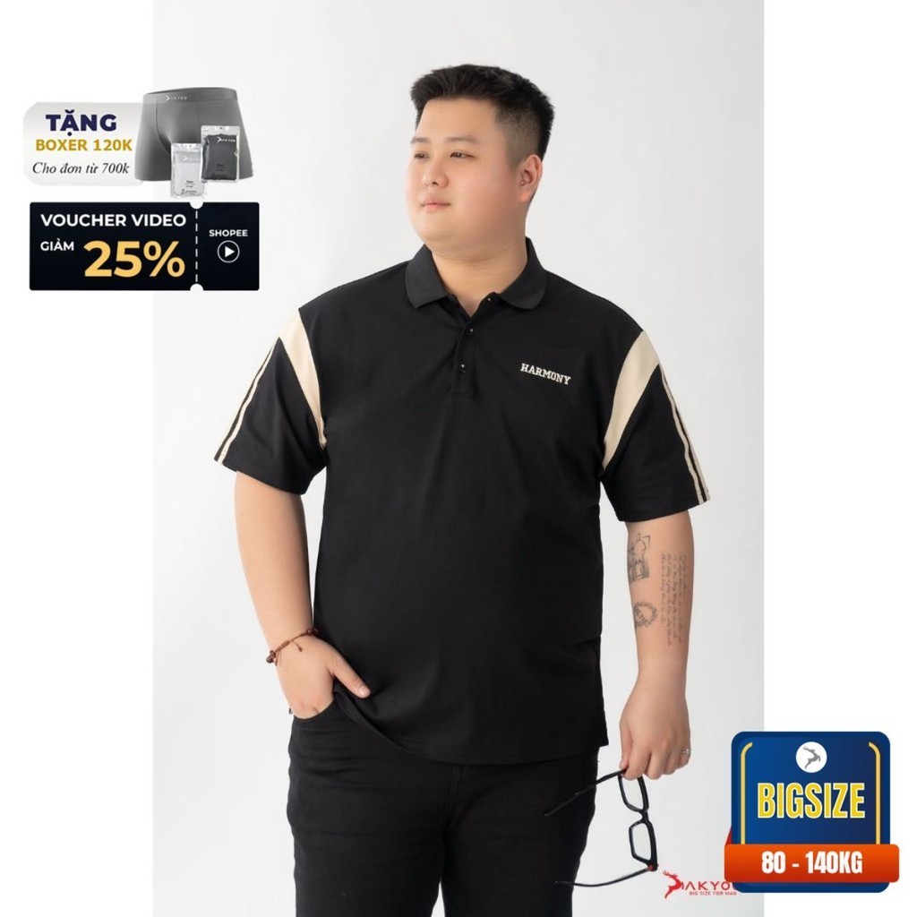 Áo Polo Nam Bigsize 80-140KG AKYOO Cao Cấp Cotton Co Giãn, Thâm Hút Mồ Hôi, Áo Polo Bigsize- PL DEN VAI