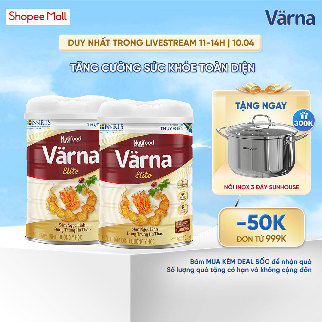 Combo 2 Sữa bột Värna Elite Lon 400g - Chứa Sâm Ngọc Linh Đông Trùng H