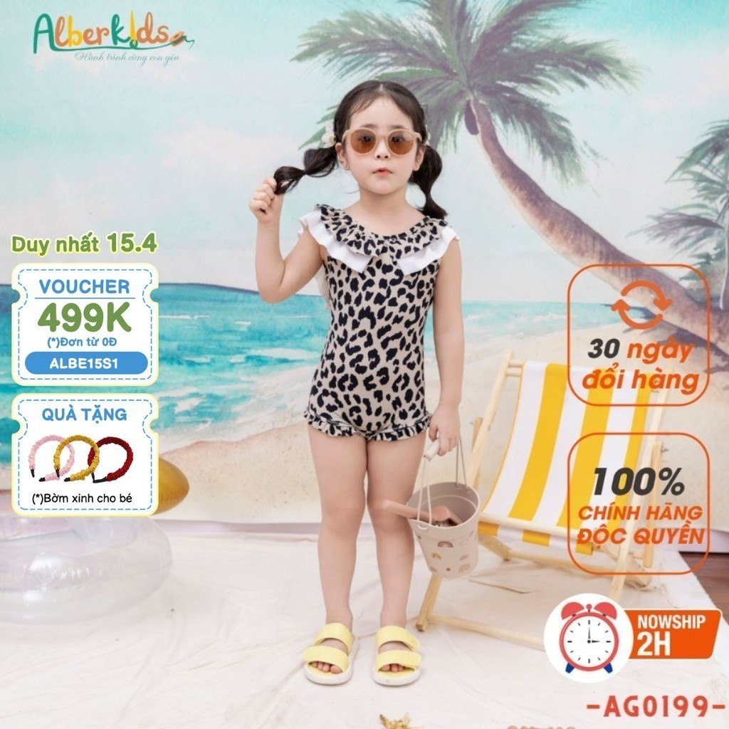 Bộ đồ bơi ALBERKIDS da báo bé gái phối nơ xinh đẹp cho trẻ em 2,3,4,5,6,7,8,9,10 tuổi [AG0199]