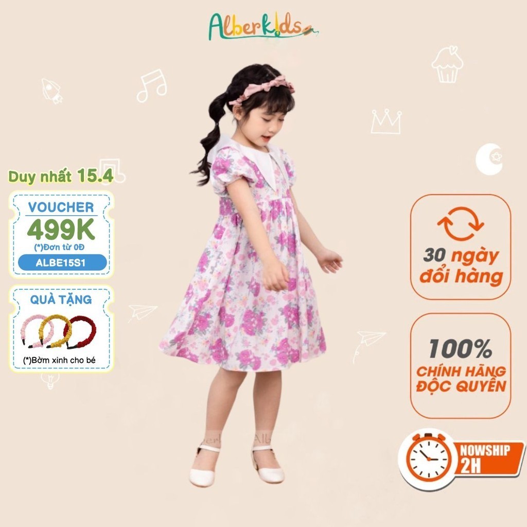 Váy bé gái ALBERKIDS hoa tím phối cổ trắng công chúa xinh đẹp cho trẻ em 2,3,4,5,6,7,8,9,10,11,12 tuổi AG0159