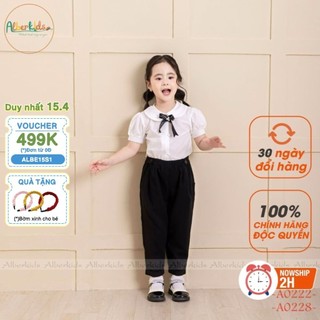 Sét đồ đi học bé gái ALBERKIDS áo cổ sen nơ ngực quần dài đen baggy cho trẻ em 4,5,6,7,8,9,10,11,12 tuổi 