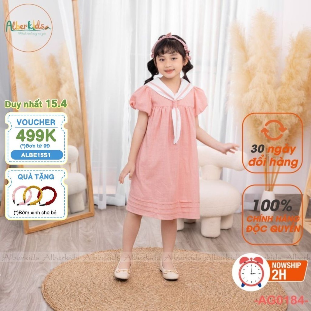 Váy bé gái ALBERKIDS hồng cổ trắng phối nơ công chúa xinh đẹp cho trẻ em 2,3,4,5,6,7,8,9,10,11,12 tuôi [AG0184 ]