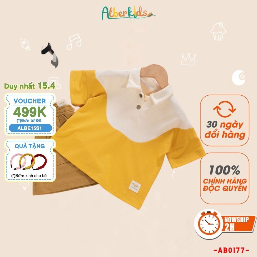 Áo polo bé trai Alberkids phối 2 màu trắng vàng cho trẻ em 5,6,7,8,9,10,11,12 tuổi AB0177