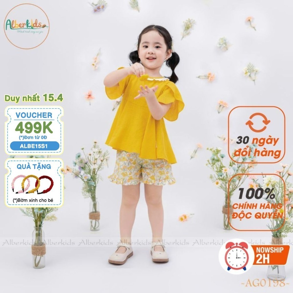 Sét đồ bé gái Alberkids áo tay bồng quần hoa công chúa cho bé gái 5,6,7,8,9,10,11,12 tuổi AG0198