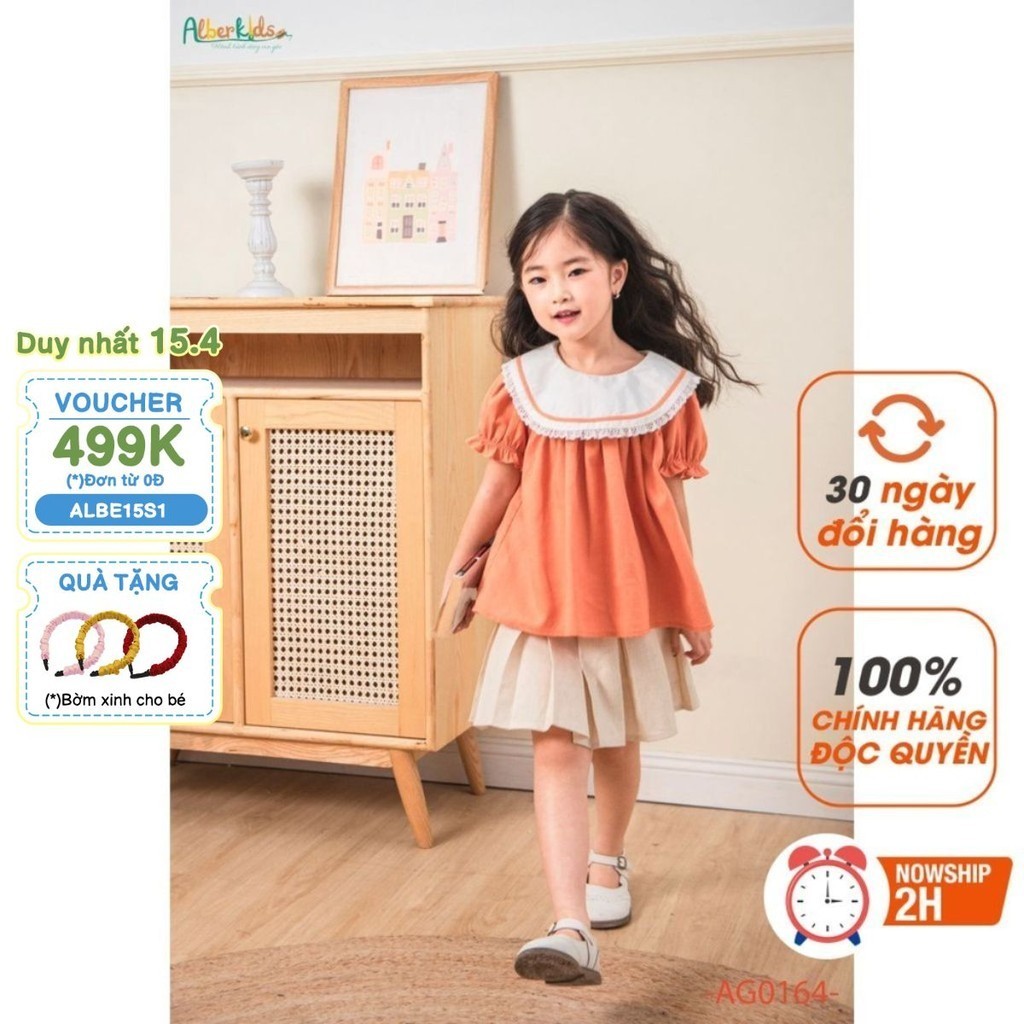 Áo sơ mi cho bé gái ALBER KIDS cam phối cổ trắng công chúa xinh đẹp cho trẻ em 2,3,4,5,6,7,8,9,10,11,12 tuổi AG0164