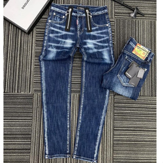  Quần jean bò nam DSQ2 biker slimfit xanh trơn thêu 2 khoá zip dọc eo phối mài xước đơn giản basic hot trend 2023 
