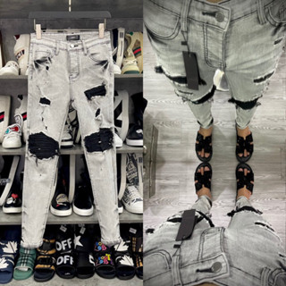  Quần jean bò nam Amiri skinny wash bạc rách tua xù đùi gối vá vải nhăn đen 4 cúc boy phố CỰC CHẤT 2023 