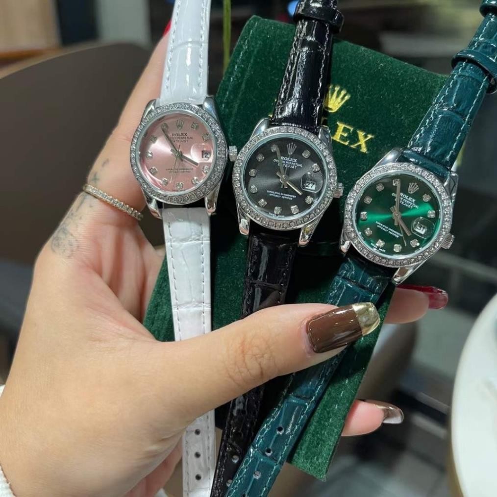 [114] Đồng Hồ Đeo Tay Nữ Rolex Dây Da Cổ Điển 28mm, Đồng Hồ Đeo Tay Đính Đá Thạch Anh Rolex
