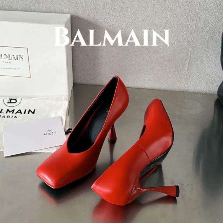 Giày Cao Gót Balmain Mũi Vuông Sang Trọng Cổ Điển, Giày Cao Gót Balmain Màu Đen/Xanh/Đỏ Thanh Lịch