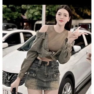 Chân váy jean túi hộp 2 cúc dáng chữ A Chân váy túi hộp cá tính màu xanh rêu hottrend