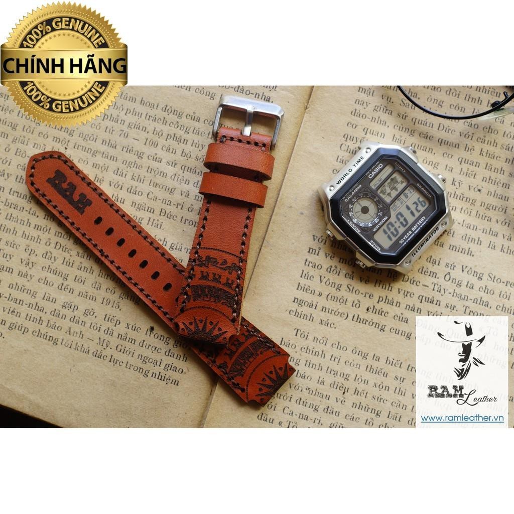 (TẶNG FULL PHỤ KIỆN )DÂY CASIO AE1200 TRỐNG ĐỒNG DA BÒ Ý VEGTAN NÂU ĐỎ - R A M TRADITIONAL VEGTAN  -