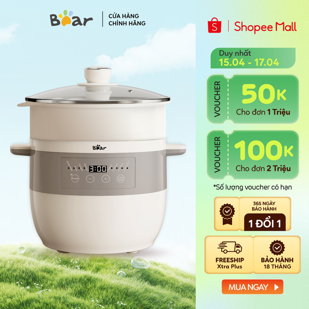 Nồi Nấu Chậm 2.5L Đa Năng Bear DDZ-B25Q3 (KÈM XỬNG HẤP) - Hàng Chính Hãng