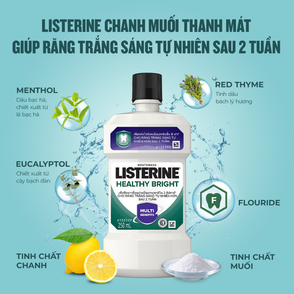 Nước súc miệng giúp răng trắng sáng tự nhiên Listerine Healthy Bright - Dung tích 250ml