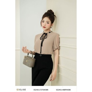 Áo sơ mi chiffon nâu cổ luồn dây lụa đen thiết kế elise es2401172tswobr