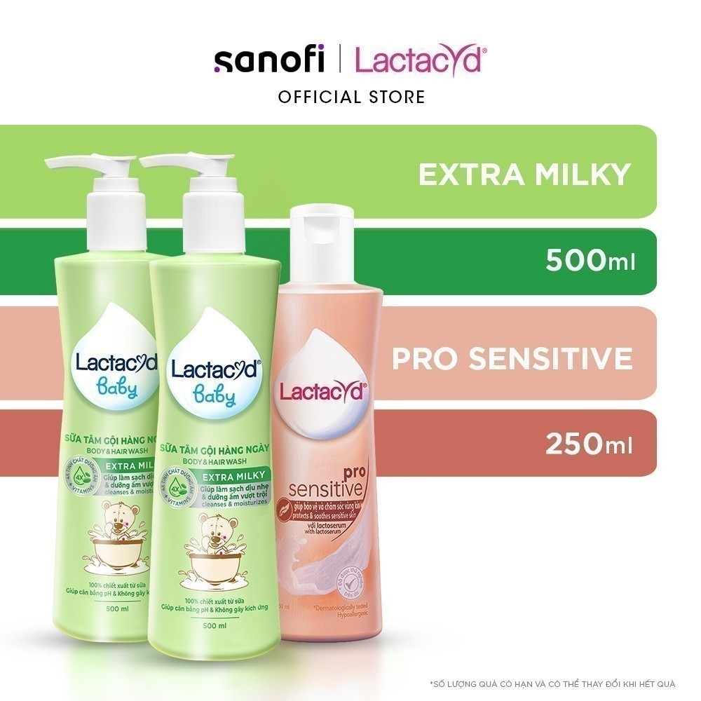 Bộ 2 Sữa Tắm Gội Trẻ Em Lactacyd Baby Extra Milky 500ml + 1 Dung Dịch Vệ Sinh Pro Sensitive 250ml