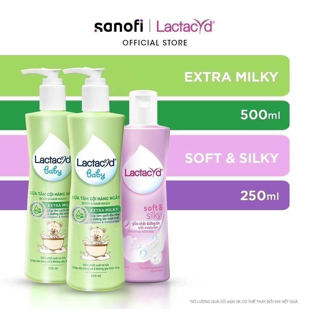 Bộ 2 chai Lactacyd Milky Bảo Vệ, Nuôi Dưỡng Da & Tóc Bé 500ml+ 1 Dung Dịch Vệ Sinh Soft & Silky Dưỡng Ẩm 250ml