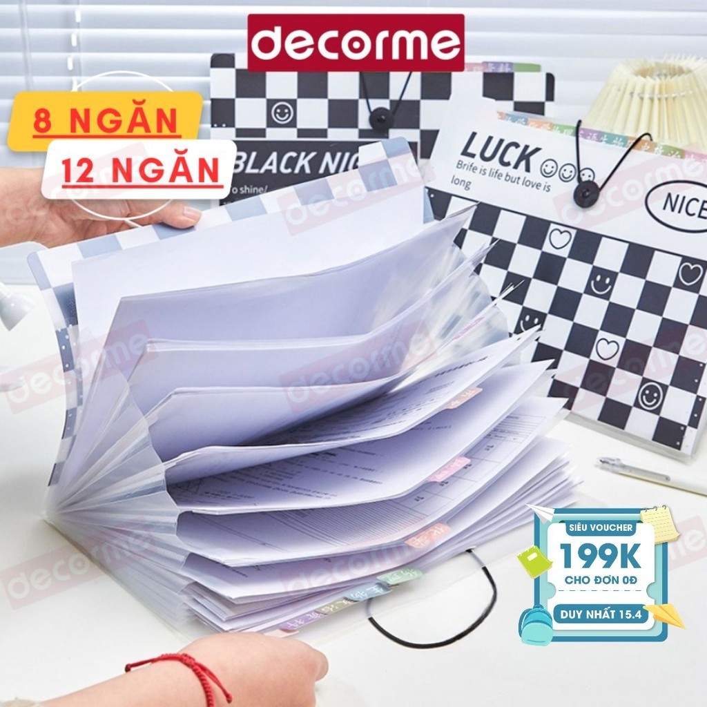 Túi đựng tài liệu A4 Decorme Họa Tiết Sọc Caro Trắng Đen Sáng Tạo tệp đựng tài liệu nhiều ngăn kẹp file văn phòng phẩm