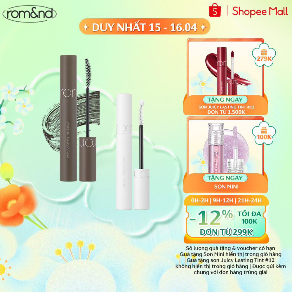 Combo Mascara chuốt mi Romand Han All Fix Mascara - Han All Line 7g + Tinh Chất Dưỡng Mi Romand Han All Lash Serum 8ml