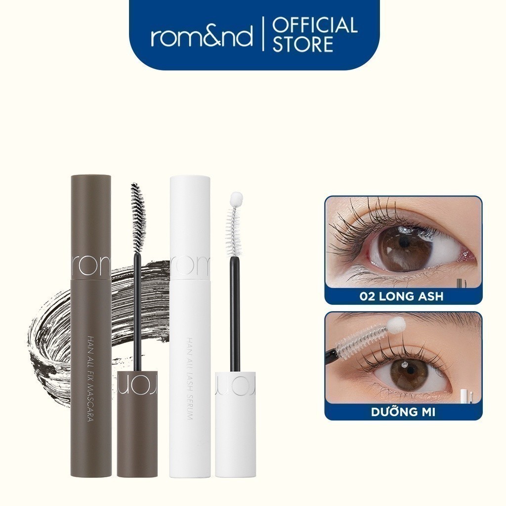 Combo Mascara chuốt mi Romand Han All Fix Mascara - Han All Line 7g + Tinh Chất Dưỡng Mi Romand Han All Lash Serum 8ml