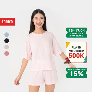 Bộ quần áo nữ CANIFA chất liệu polyester pha, cổ tim tròn tay cộc, quần soóc cạp chun 6LS23S007