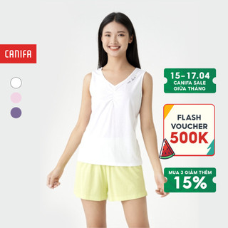 Bộ quần áo nữ CANIFA  chất liệu 100% cotton, áo ba lỗ cổ tim, quần soóc cạp chun 6LS23S008