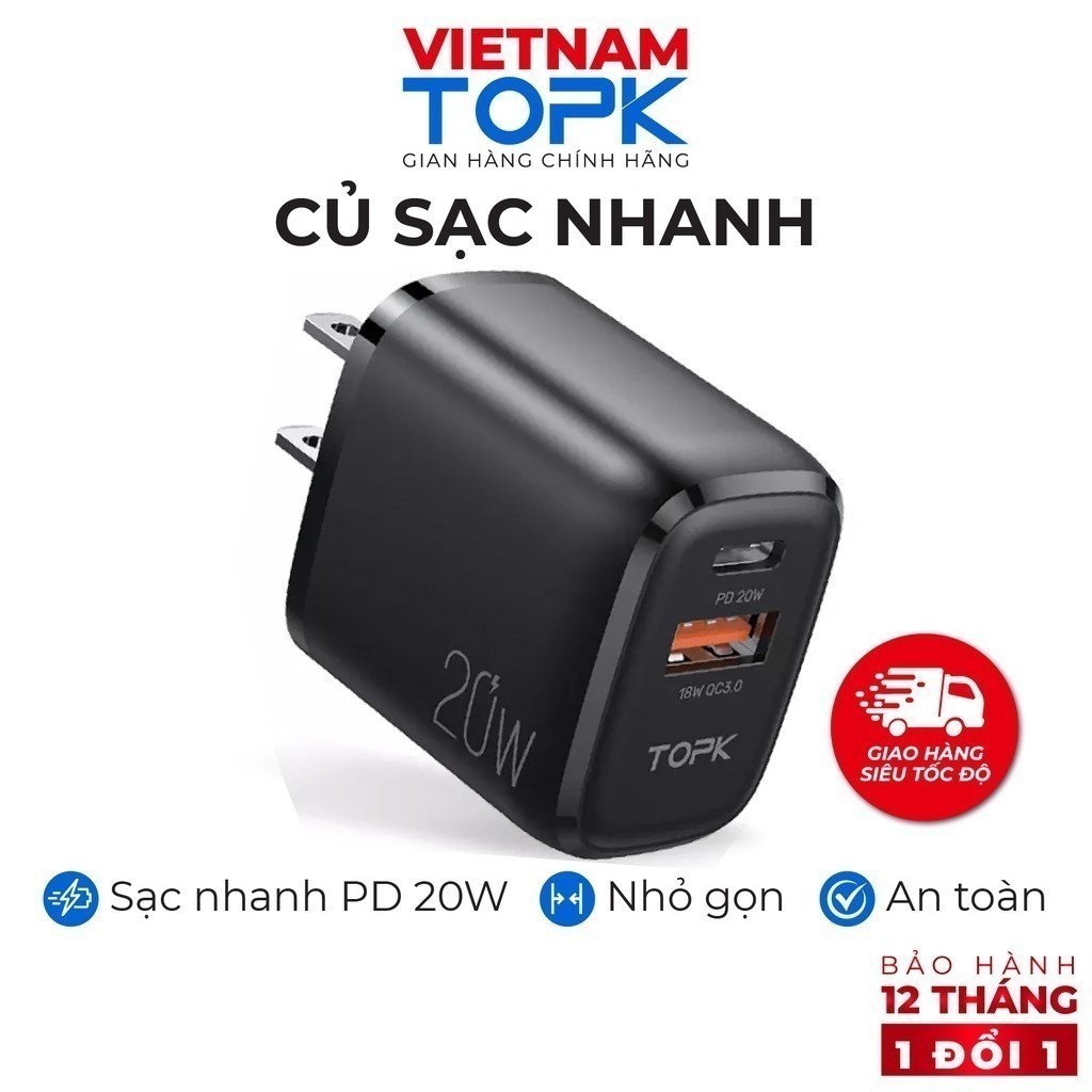 Củ sạc nhanh TOPK B210P-Công suất 20W-Hỗ trợ sạc nhanh PD/QC 3.0-2 Cổng nguồn USB-A và Type C | Bảo hành 12 tháng 1 đổi