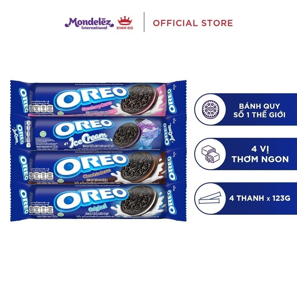 Combo 4 thanh bánh quy Oreo vị vani, choco, kem lạnh việt quất và dâu, 123.5g x 4