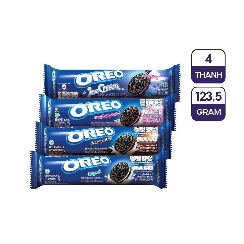 Combo 4 thanh bánh quy Oreo vị vani, choco, kem lạnh việt quất và dâu, 123.5g x 4