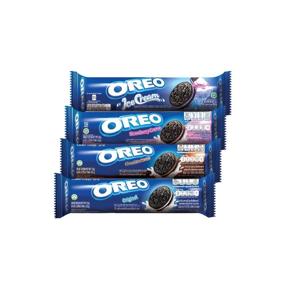 Combo 4 thanh bánh quy Oreo vị vani, choco, kem lạnh việt quất và dâu, 123.5g x 4