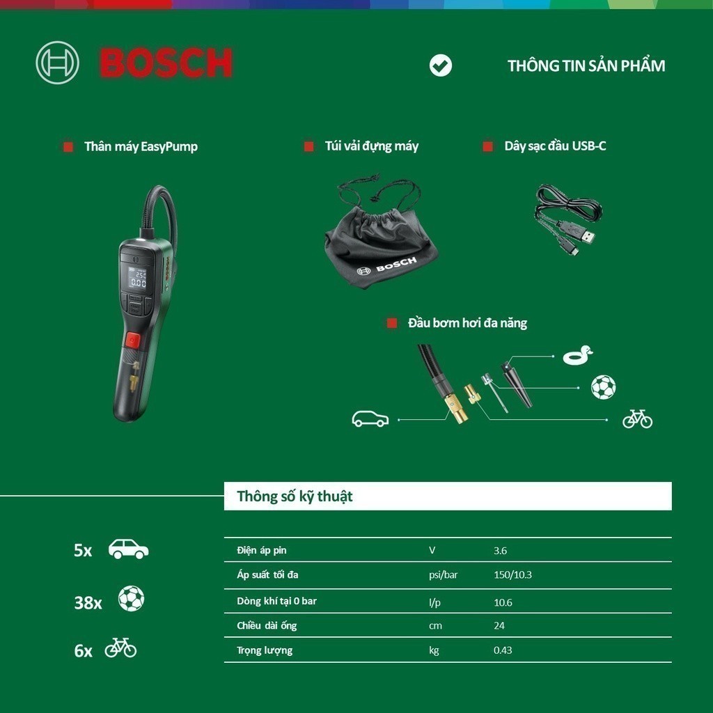 Máy bơm hơi cầm tay đa năng Bosch