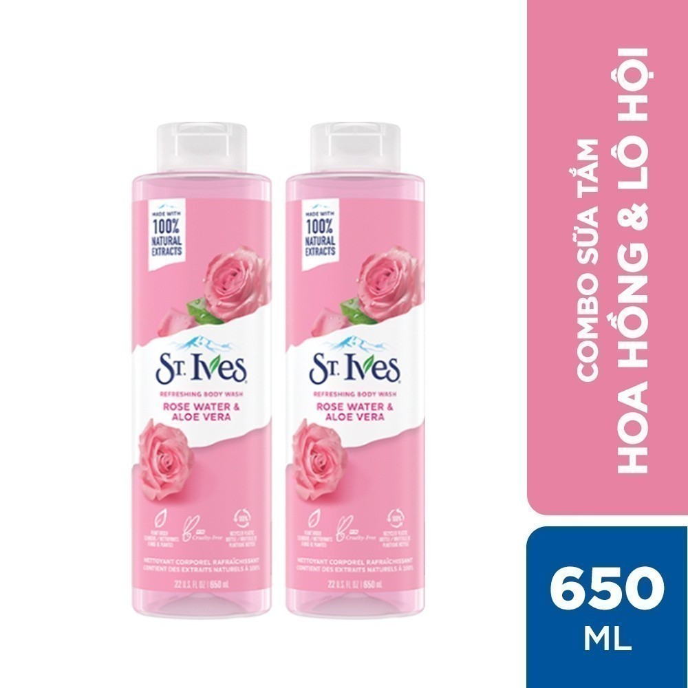 Combo 2 chai Sữa tắm dưỡng da St.Ives Hoa Hồng và Lô Hội 650ml