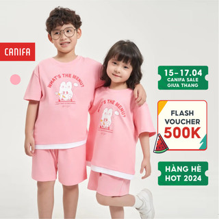 Bộ quần áo unisex trẻ em CANIFA áo thun cộc tay in hình quần đùi cạp chun chất liệu cotton 3ST24S002