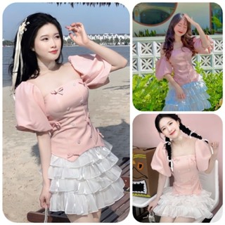 Sét Váy Gồm Áo Croset Hồng Gắn Nơ Cúc + Chân Váy 4 Tầng