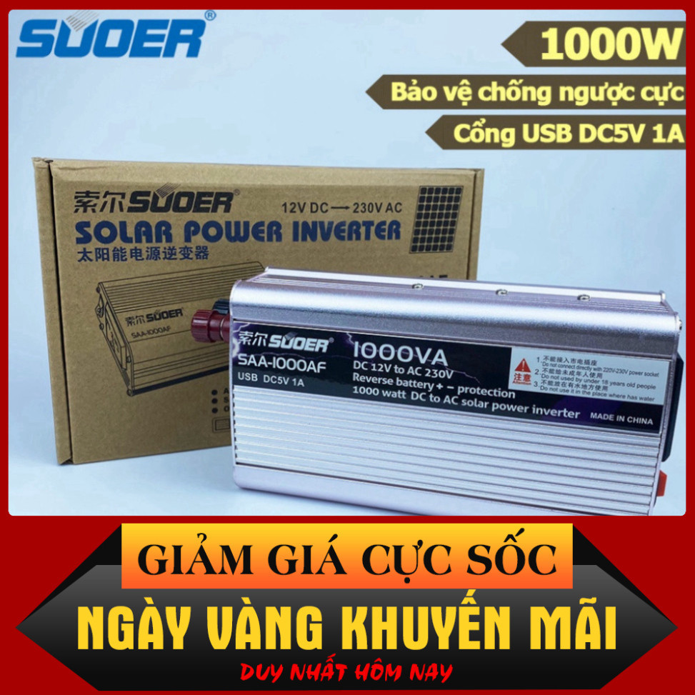 Bộ Inverter SUOER 12V 1500W SAA-1500AF Kích Điện Sin Chuẩn Bỏa Hành 2 Năm