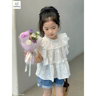 Set Melisa áo thô trắng thêu hoa tay bèo kèm quần jean 2-12y