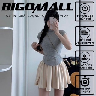 Áo cổ lọ nhúm eo body tay ngắn BIGOMALL - Áo thun croptop dáng babytee ôm body cổ lọ chun eo