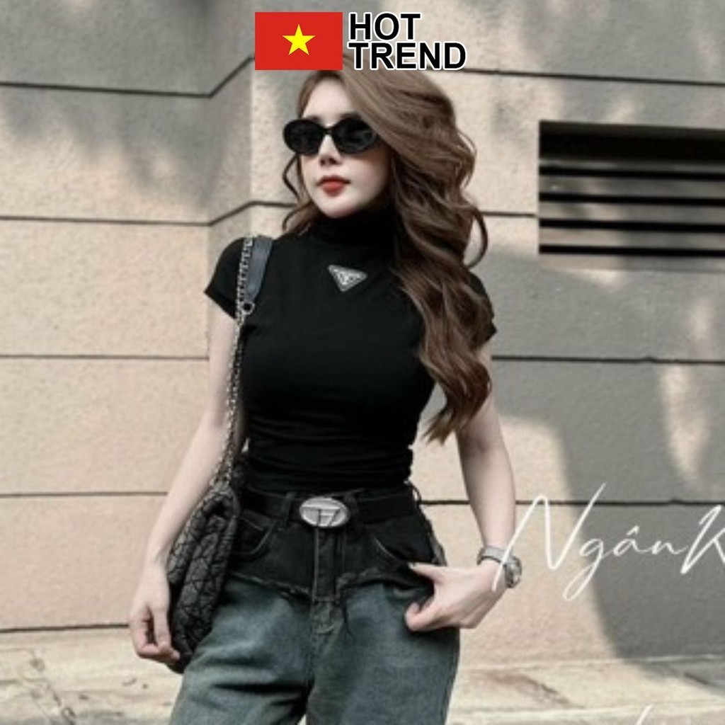 Áo thun croptop ngắn tay cổ lọ ôm body siêu hottrend - Áo croptop logo tam giác Bra mã mới dành cho nữ chuẩn phong cách