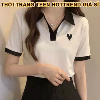 Áo croptop cổ bẻ chữ V lé viền logo trái tim in góc ngực - Áo polo croptop trơn phối cổ ngắn tay cá tính Nữ