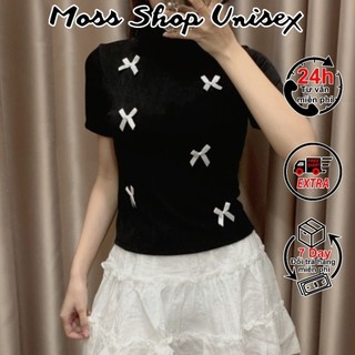 Áo croptop dáng babytee cổ lọ tay ngắn đính nhiều nơ basic dáng ôm body