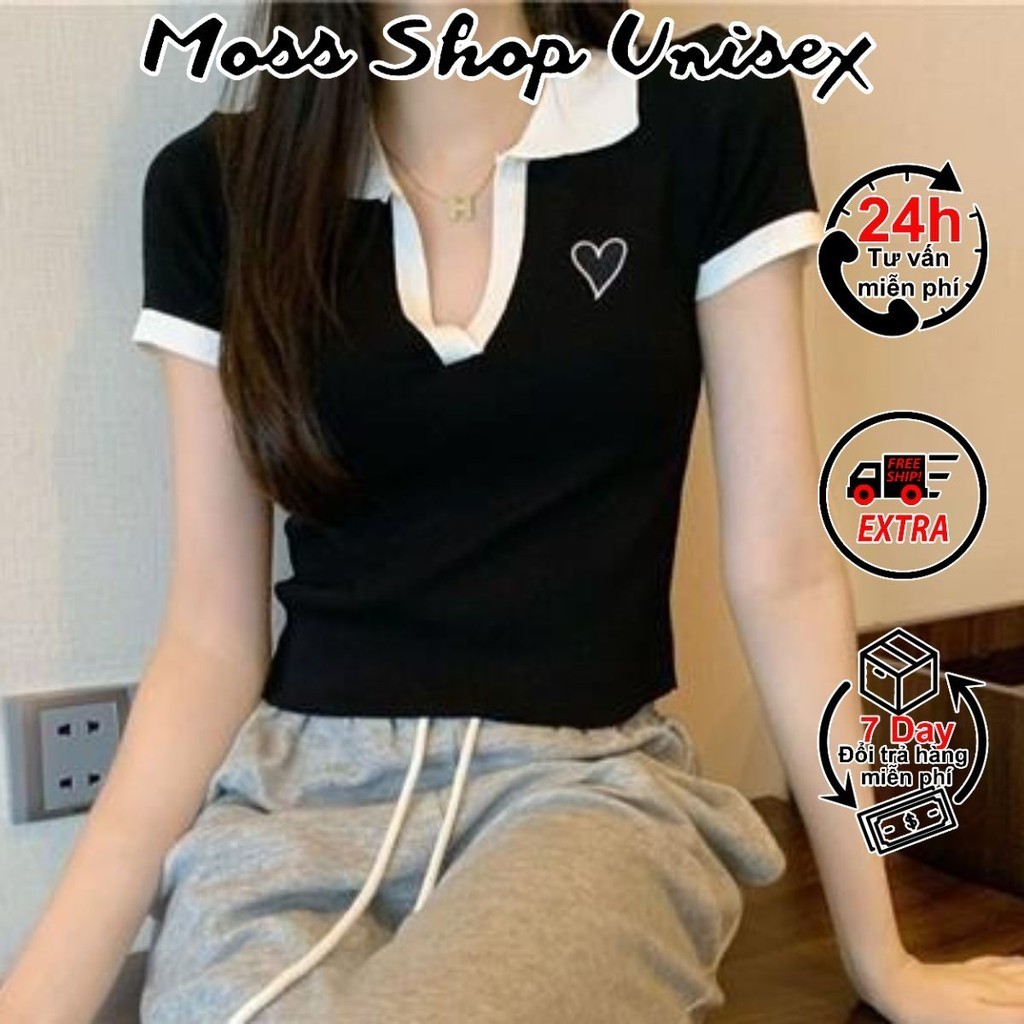 Áo croptop nữ cổ v tay ngắn viền phối màu logo hình trái tim siêu xinh phong cách hàn quốc MOSSHOPUNISEX