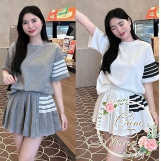 Set đồ nữ dễ thương áo thun cổ tròn tay lỡ phối 4 vạch tay kèm váy ngắn xếp ly 4 vạch nửa váy xinh xắn CAMNHUNGSI