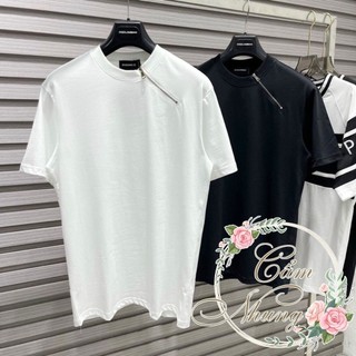 Áo thun tay lỡ unisex kiểu trơn phối thêu khoá zip chéo cổ kiểu dáng đơn giản CAMNHUNG