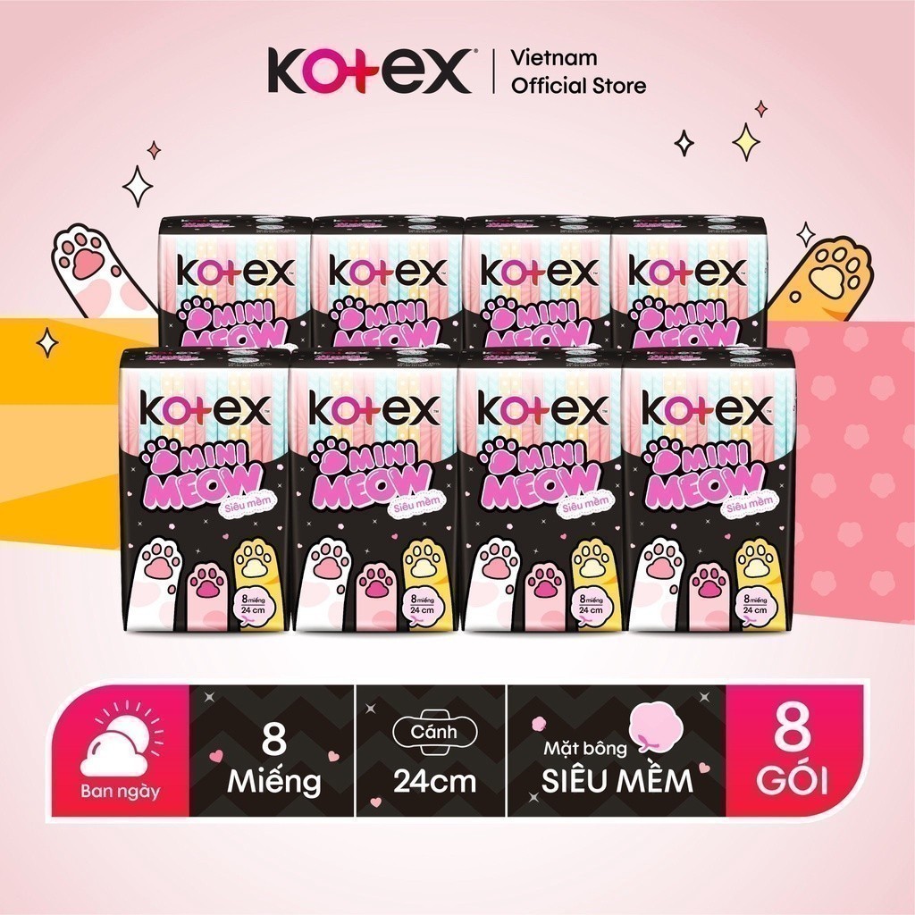 Combo 8 gói Băng vệ sinh Kotex MiniMeow Siêu mềm siêu mỏng cánh 8 miếng