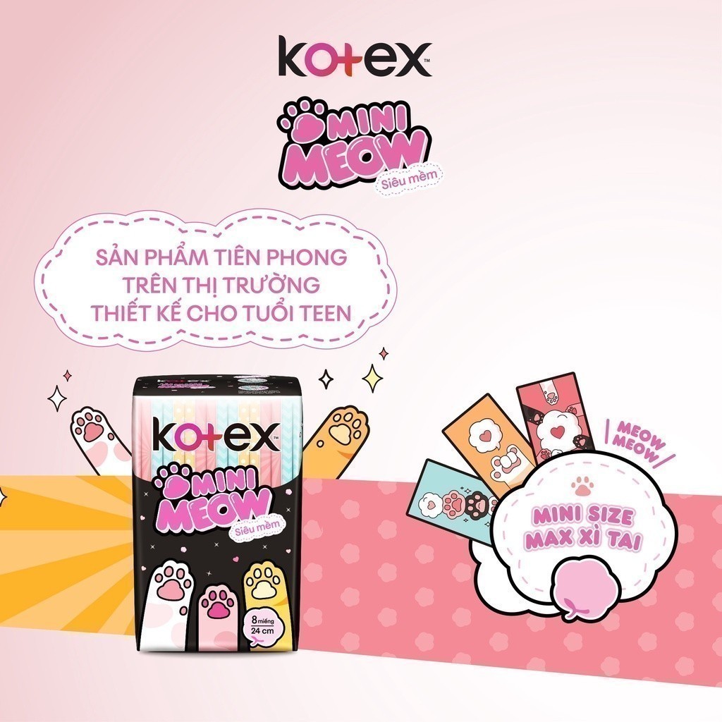 Combo 8 gói Băng vệ sinh Kotex MiniMeow Siêu mềm siêu mỏng cánh 8 miếng