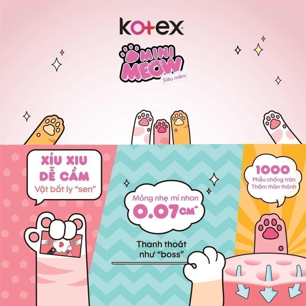 Combo 8 gói Băng vệ sinh Kotex MiniMeow Siêu mềm siêu mỏng cánh 8 miếng