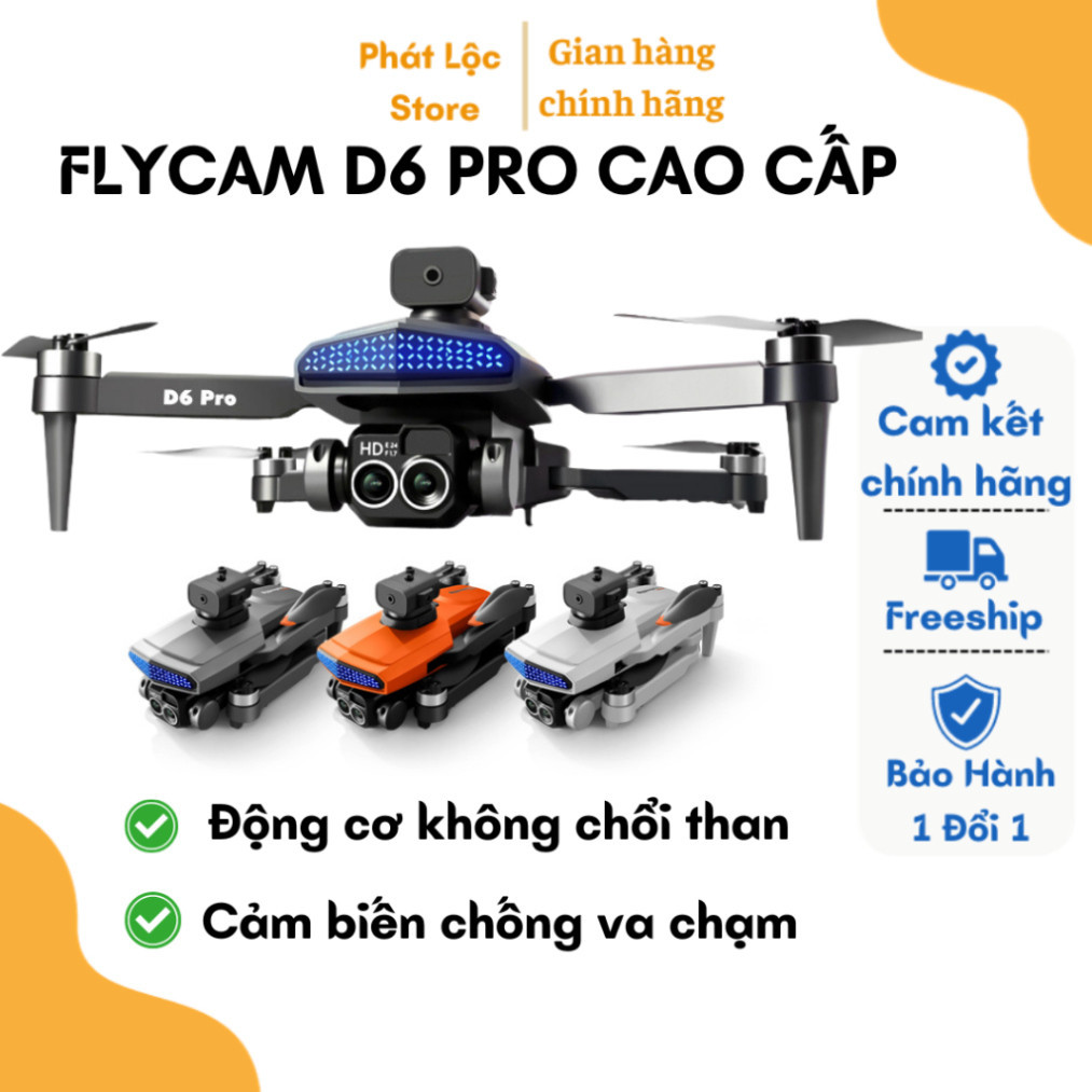 Flycam Mini Giá Rẻ Drone D6 Pro, Fly cam động cơ không chổi than, Cảm biến chống va chạm, Camera 4k