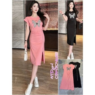 Hàng nhập - Đầm dáng ôm thun cotton lụa mịn mát họa tiết bươm bướm, váy body Quảng Châu tay ngắn xẻ tà một bên